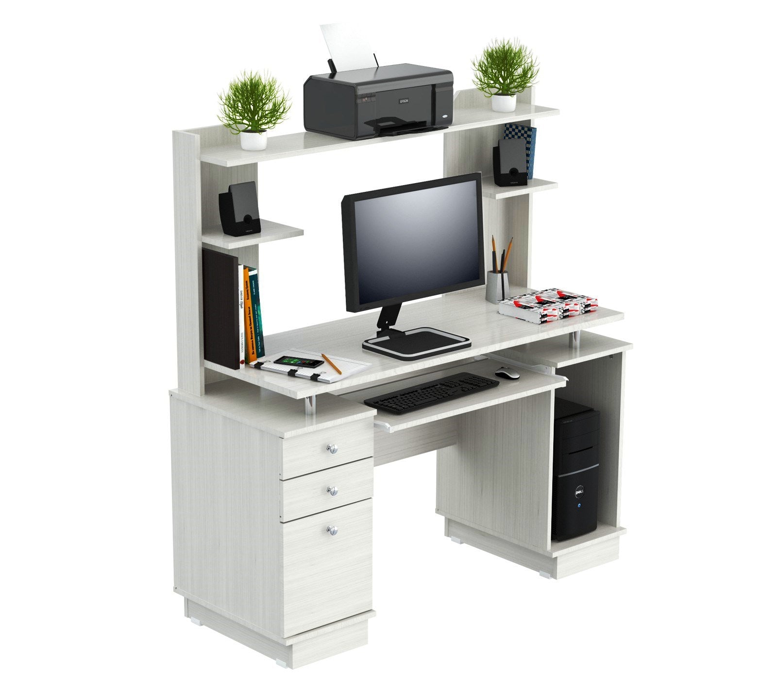 White Finish Wood Computer Desk with Hutch By Homeroots | Desks | Modishstore - 3