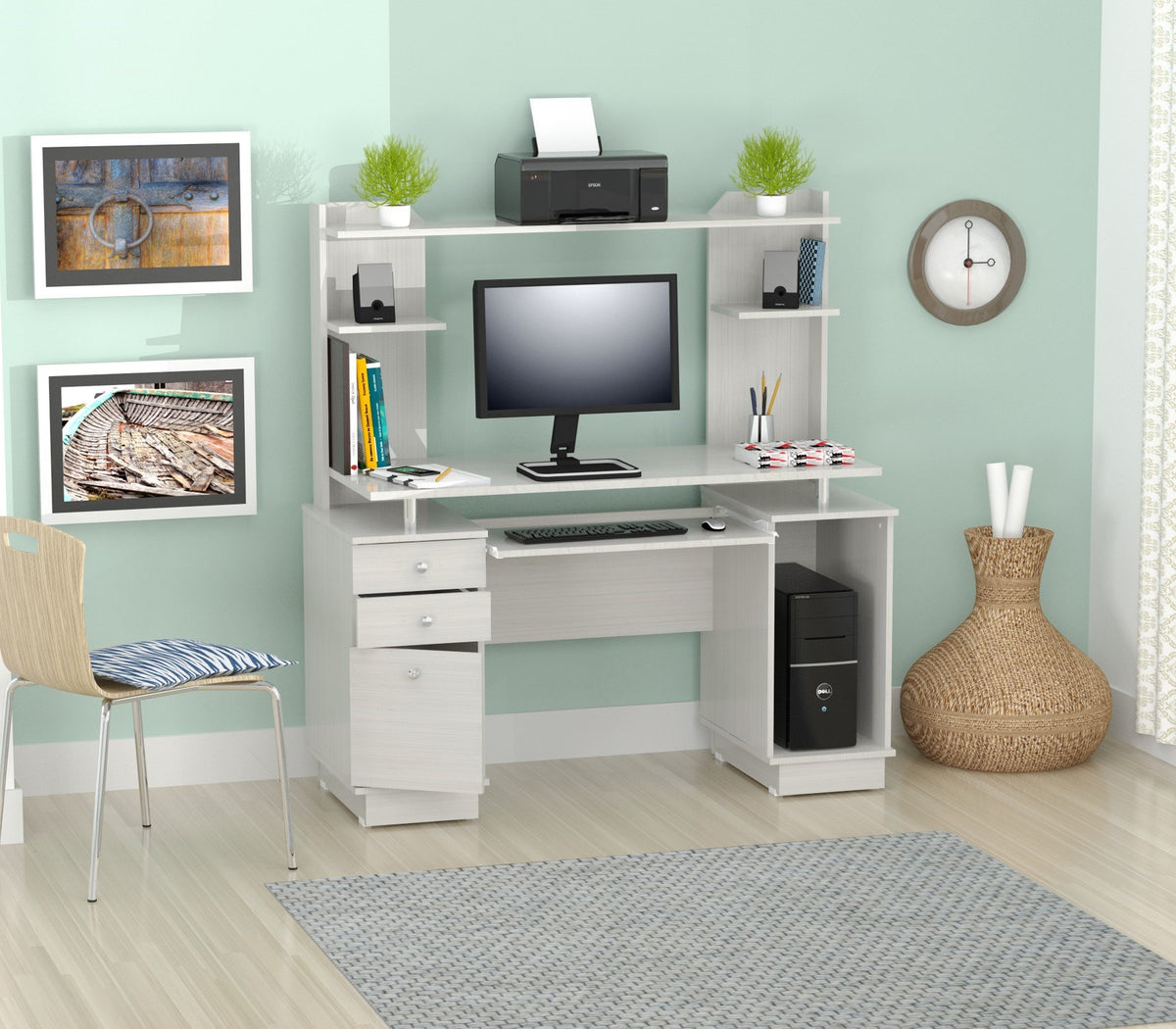 White Finish Wood Computer Desk with Hutch By Homeroots | Desks | Modishstore