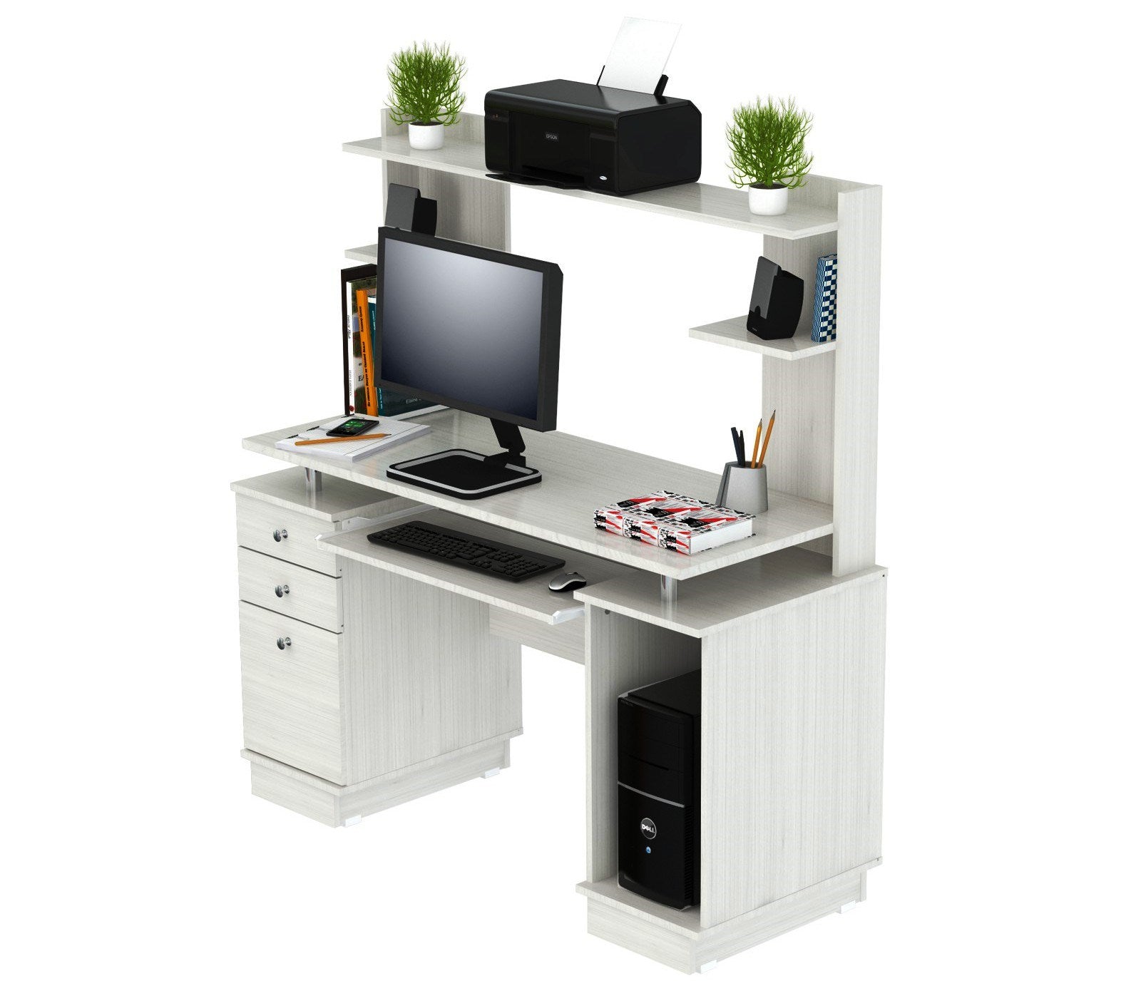 White Finish Wood Computer Desk with Hutch By Homeroots | Desks | Modishstore - 5
