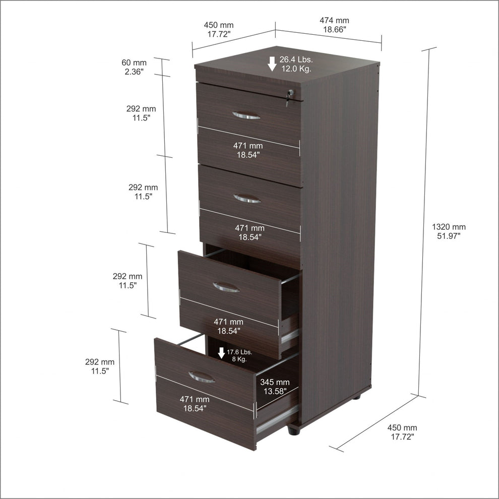 Espresso Wood Finish Four Large Drawer Filing Cabinet By Homeroots | Drawers | Modishstore - 4