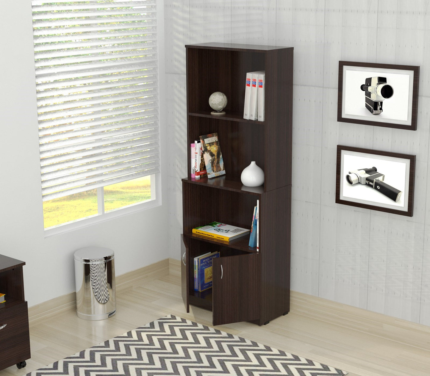 Espresso Finish Wood Three Self and Cabinet Bookcase By Homeroots | Bookcases | Modishstore