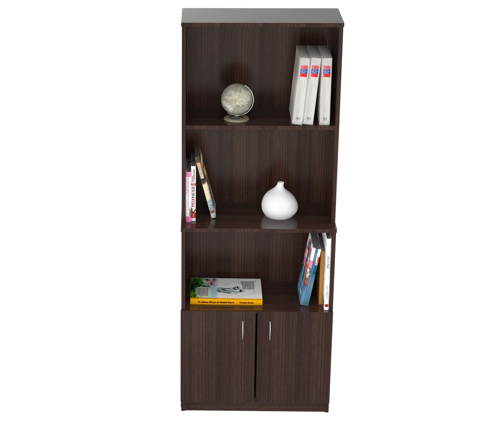 Espresso Finish Wood Three Self and Cabinet Bookcase By Homeroots | Bookcases | Modishstore - 3