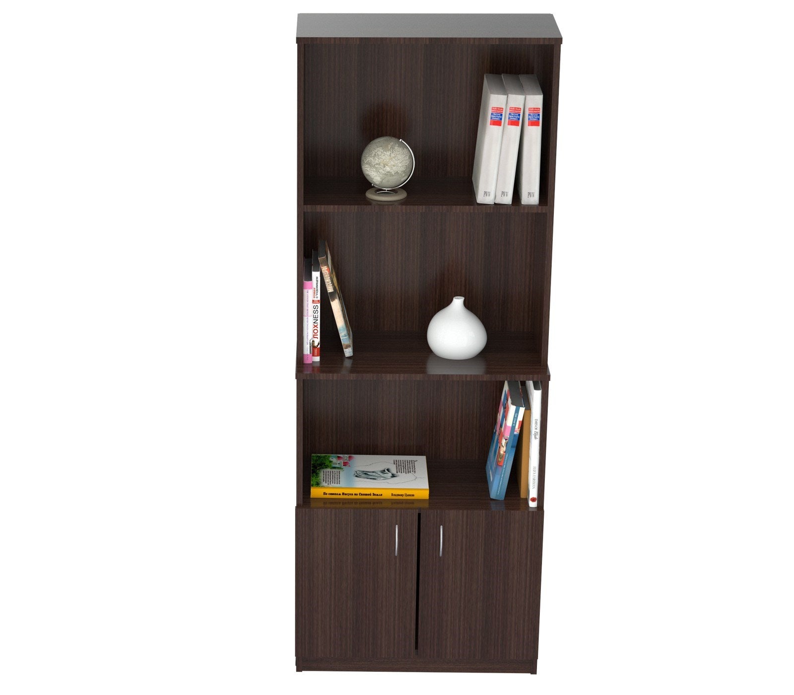 Espresso Finish Wood Three Self and Cabinet Bookcase By Homeroots | Bookcases | Modishstore - 2
