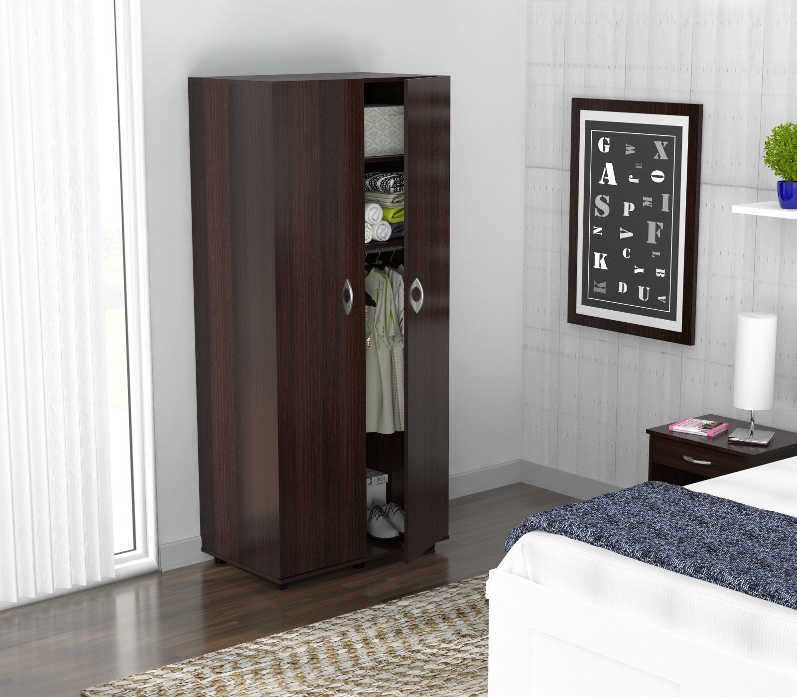 Espresso Finish Wood Wardrobe With Two Doors By Homeroots | Cabinets | Modishstore - 3