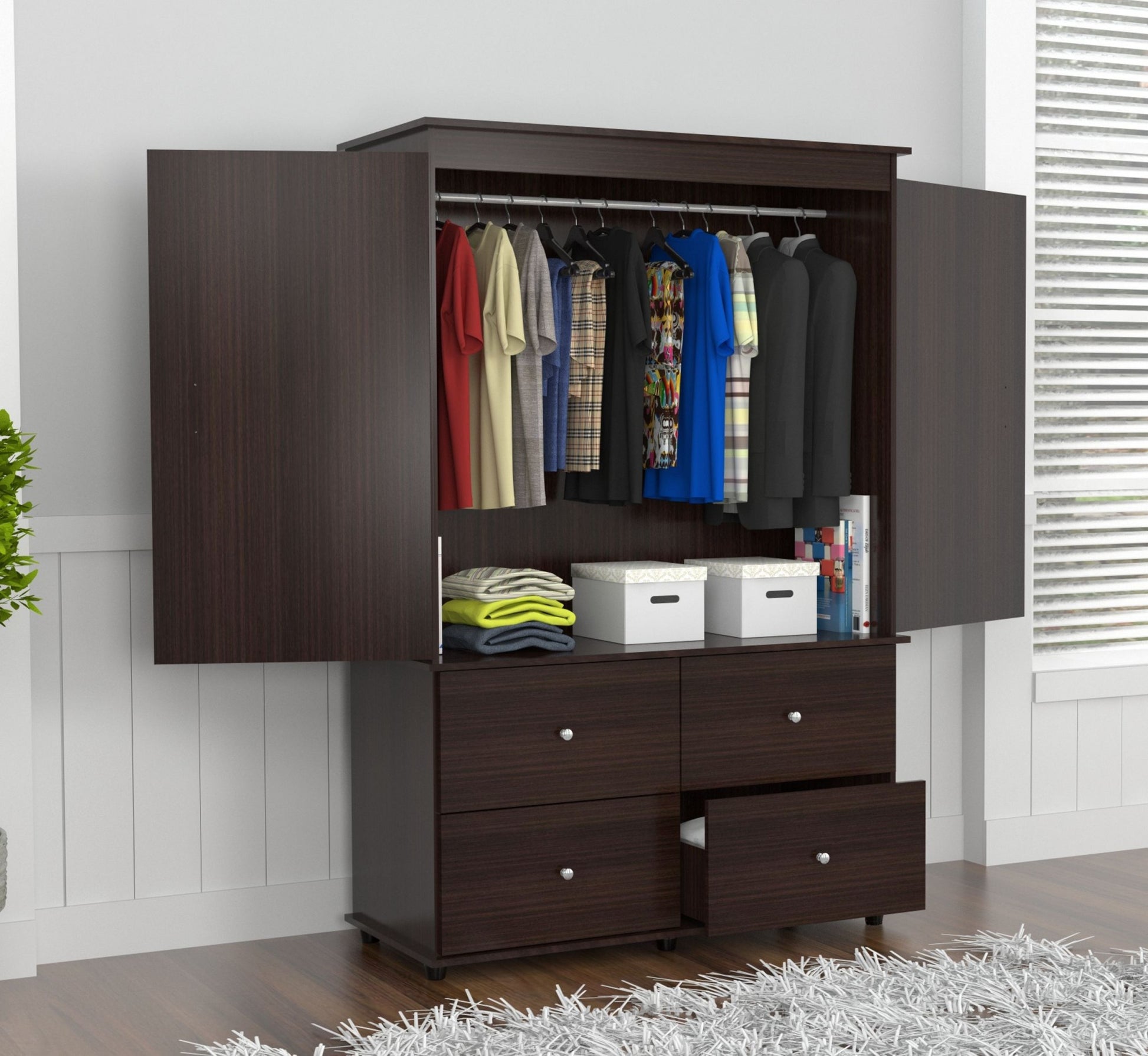 Espresso Finish Wood Four Drawer Armoire Dresser By Homeroots | Armoires & Wardrobes | Modishstore - 6