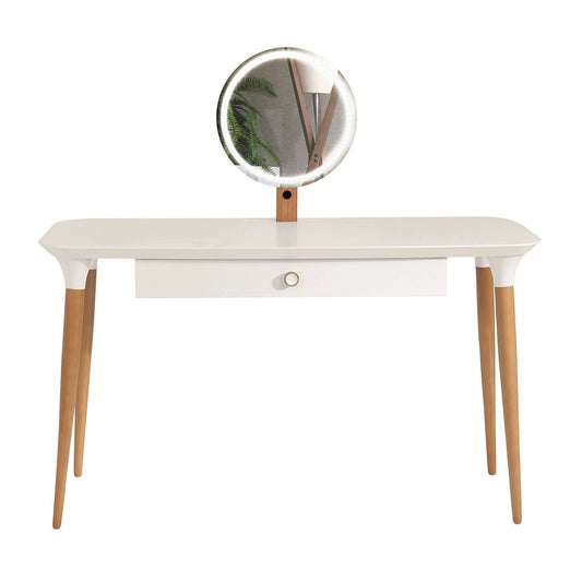 Manhattan Comfort HomeDock Vanity Table with LED Light Mirror and Organization in Off White and Cinnamon | End Tables | Modishstore