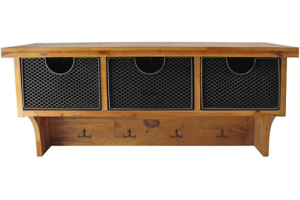 Brown Rustic Wooden Wall Shelf with 3 Drawers and Hooks By Homeroots | Shelves & Shelving Units | Modishstore - 3