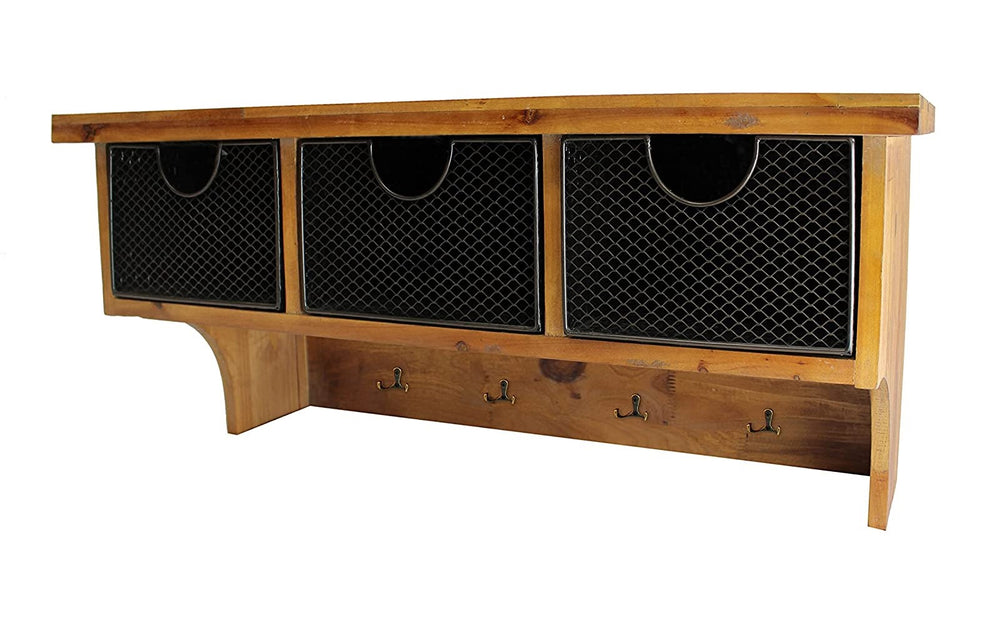 Brown Rustic Wooden Wall Shelf with 3 Drawers and Hooks By Homeroots | Shelves & Shelving Units | Modishstore - 4