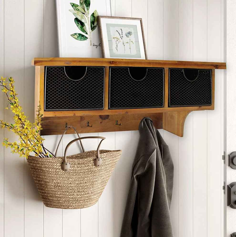 Brown Rustic Wooden Wall Shelf with 3 Drawers and Hooks By Homeroots | Shelves & Shelving Units | Modishstore - 7