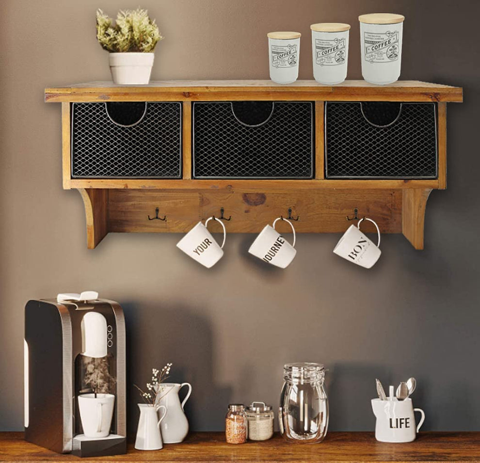 Brown Rustic Wooden Wall Shelf with 3 Drawers and Hooks By Homeroots | Shelves & Shelving Units | Modishstore - 8