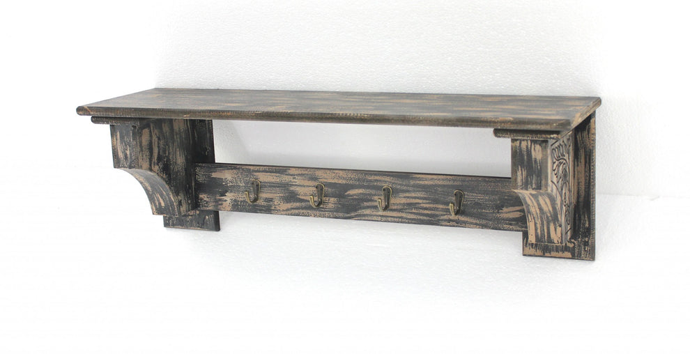 Black Vintage Wooden Metal Hooks Wall Shelf By Homeroots | Wall Shelf | Modishstore