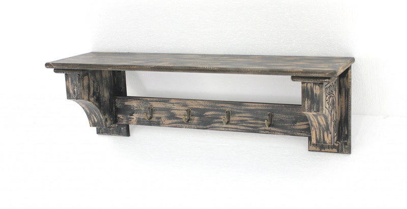 Black Vintage Wooden Metal Hooks Wall Shelf By Homeroots | Wall Shelf | Modishstore