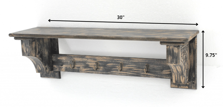 Black Vintage Wooden Metal Hooks Wall Shelf By Homeroots | Wall Shelf | Modishstore - 2