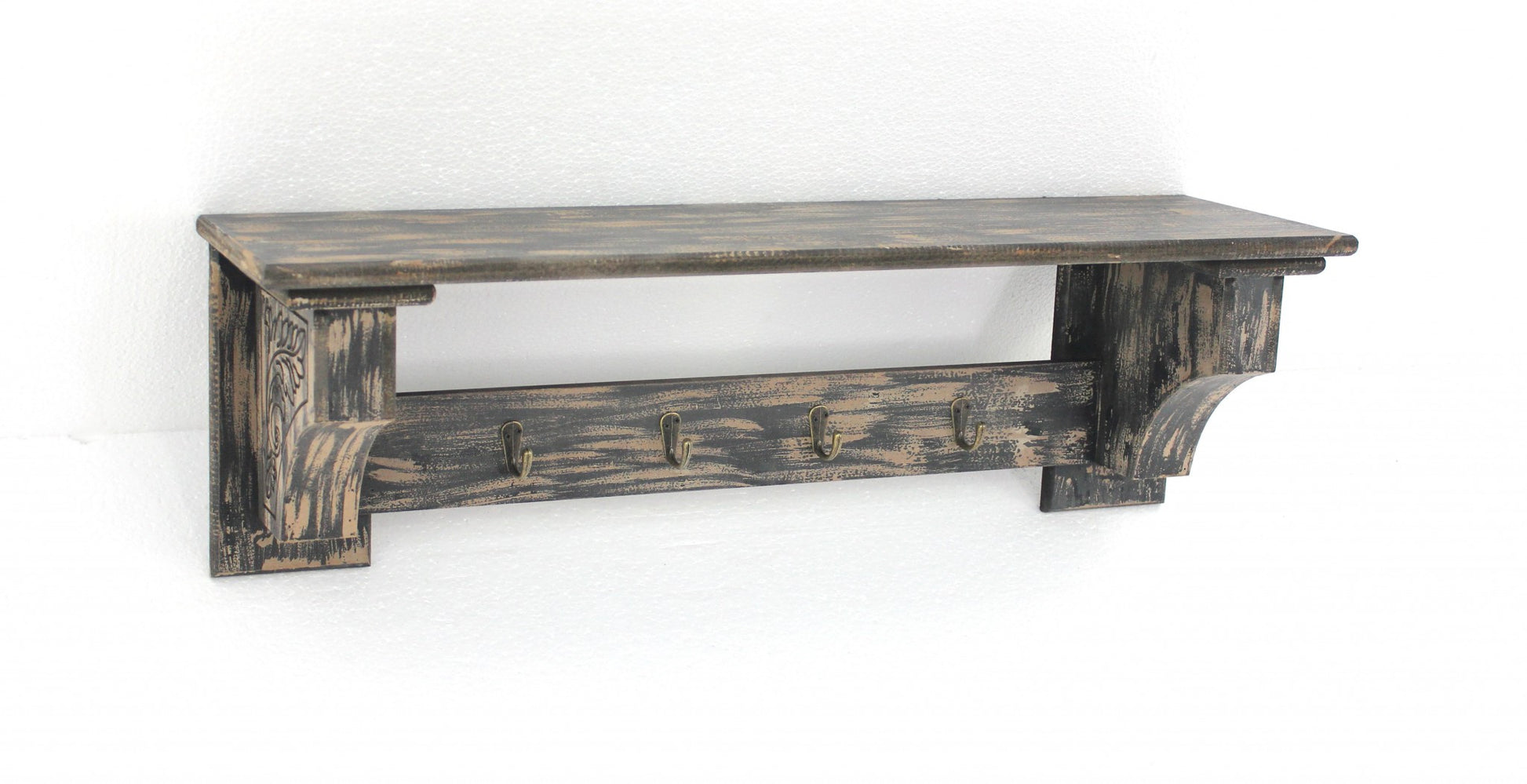 Black Vintage Wooden Metal Hooks Wall Shelf By Homeroots | Wall Shelf | Modishstore - 3