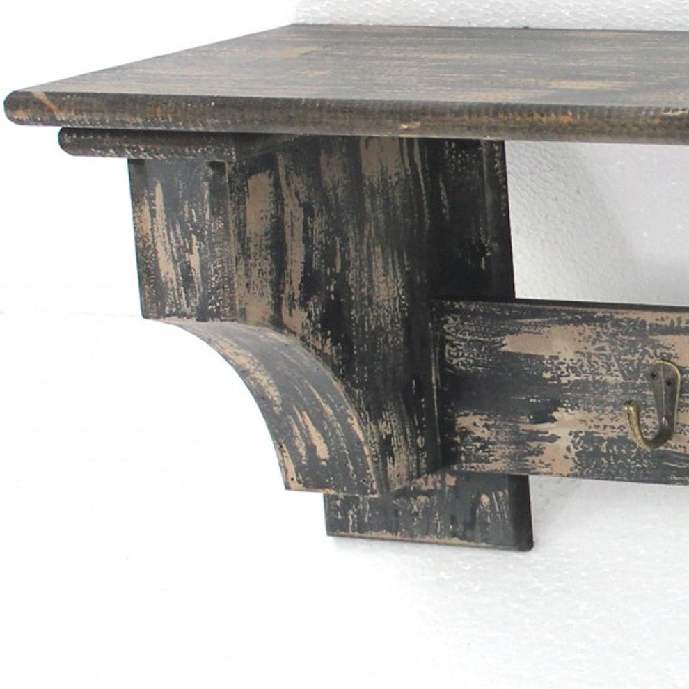 Black Vintage Wooden Metal Hooks Wall Shelf By Homeroots | Wall Shelf | Modishstore - 4