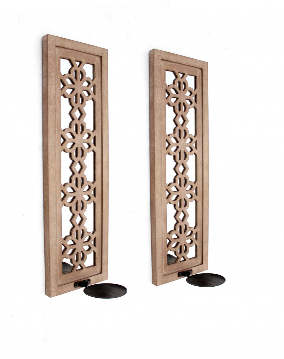 Tan Rustic Lattice Mirrors - Candle Holder Sconce Set By Homeroots | Wall Decor | Modishstore - 3