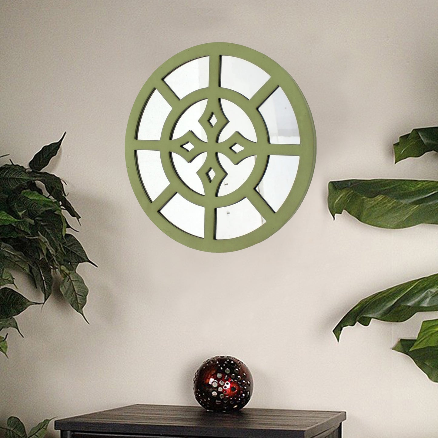Green Rustic Mirrored Round - Wooden Wall Decor By Homeroots | Wall Decor | Modishstore - 2