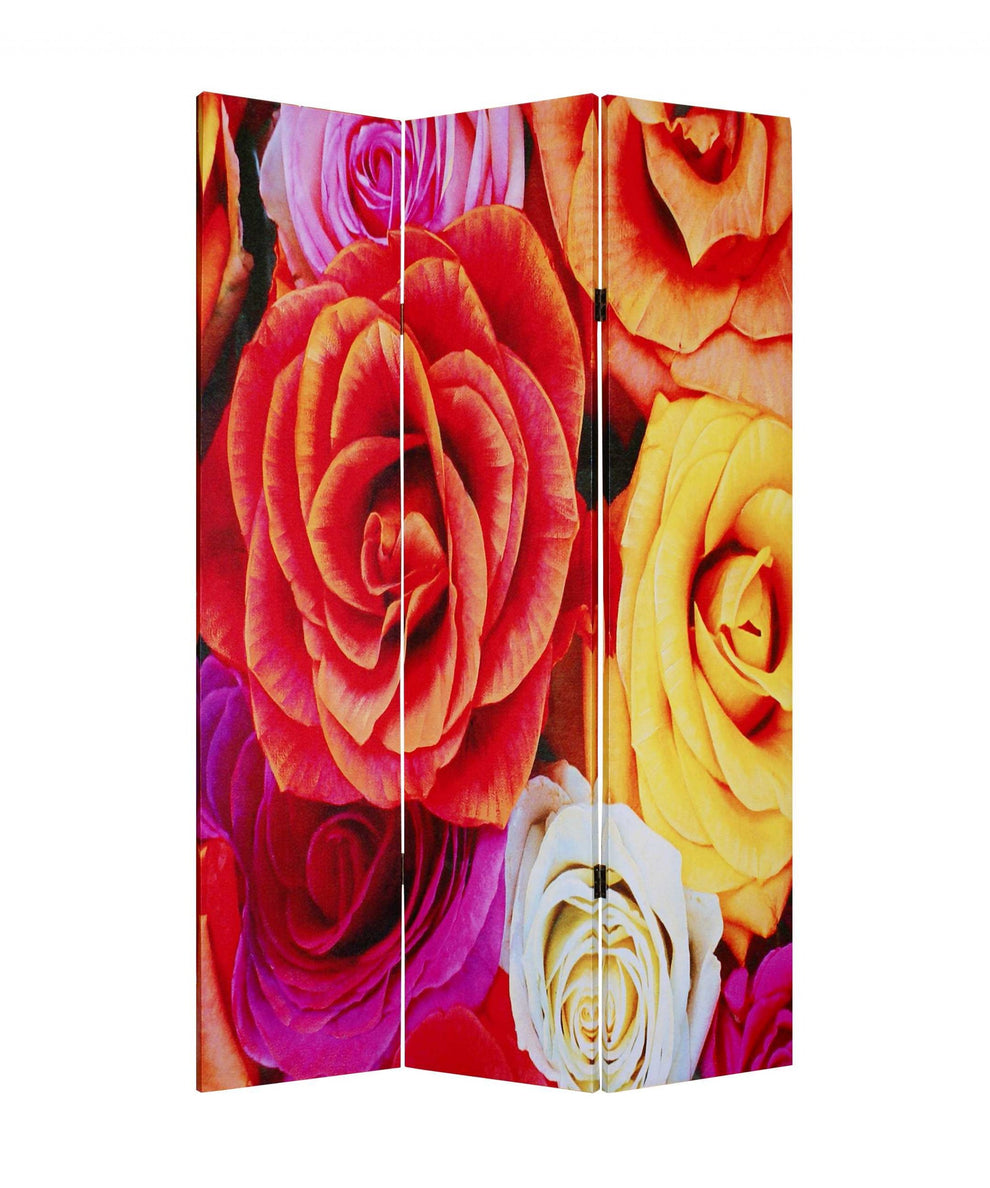 Multi Color Wood Canvas Daisy And Rose Screen By Homeroots | Room Dividers | Modishstore - 2