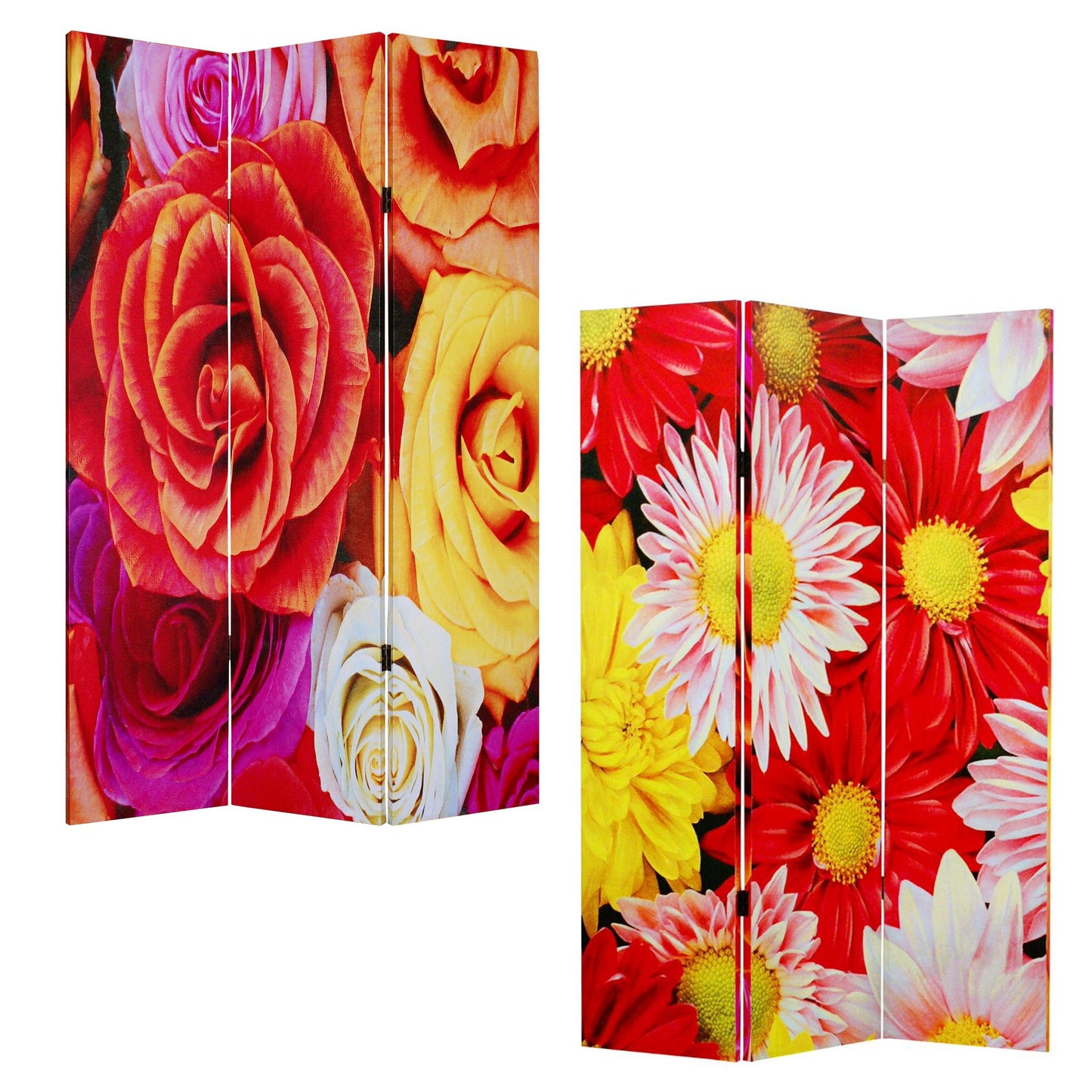 Multi Color Wood Canvas Daisy And Rose Screen By Homeroots | Room Dividers | Modishstore - 3