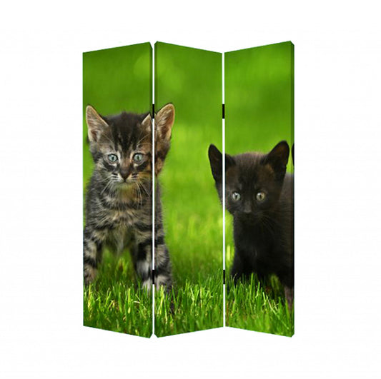 Multi Color Wood Canvas Curious Cat Screen By Homeroots | Room Dividers | Modishstore