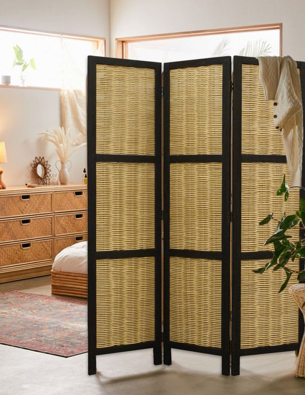 Dark Brown and Natural Willow 3 Panel Room Divider Screen By Homeroots | Room Dividers | Modishstore - 4