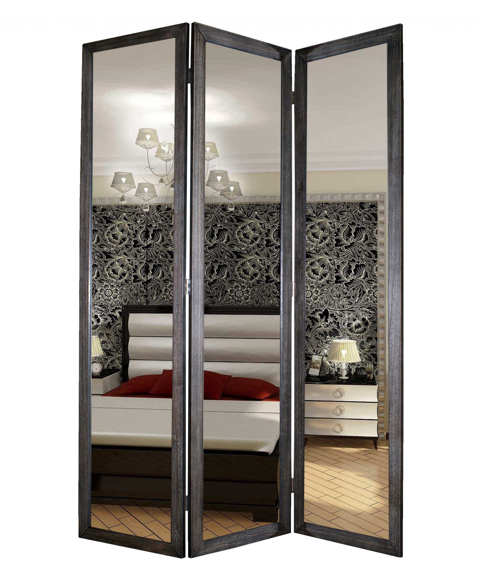 Black Glass & Wood Mirror Screen By Homeroots - 274676 | Room Dividers | Modishstore