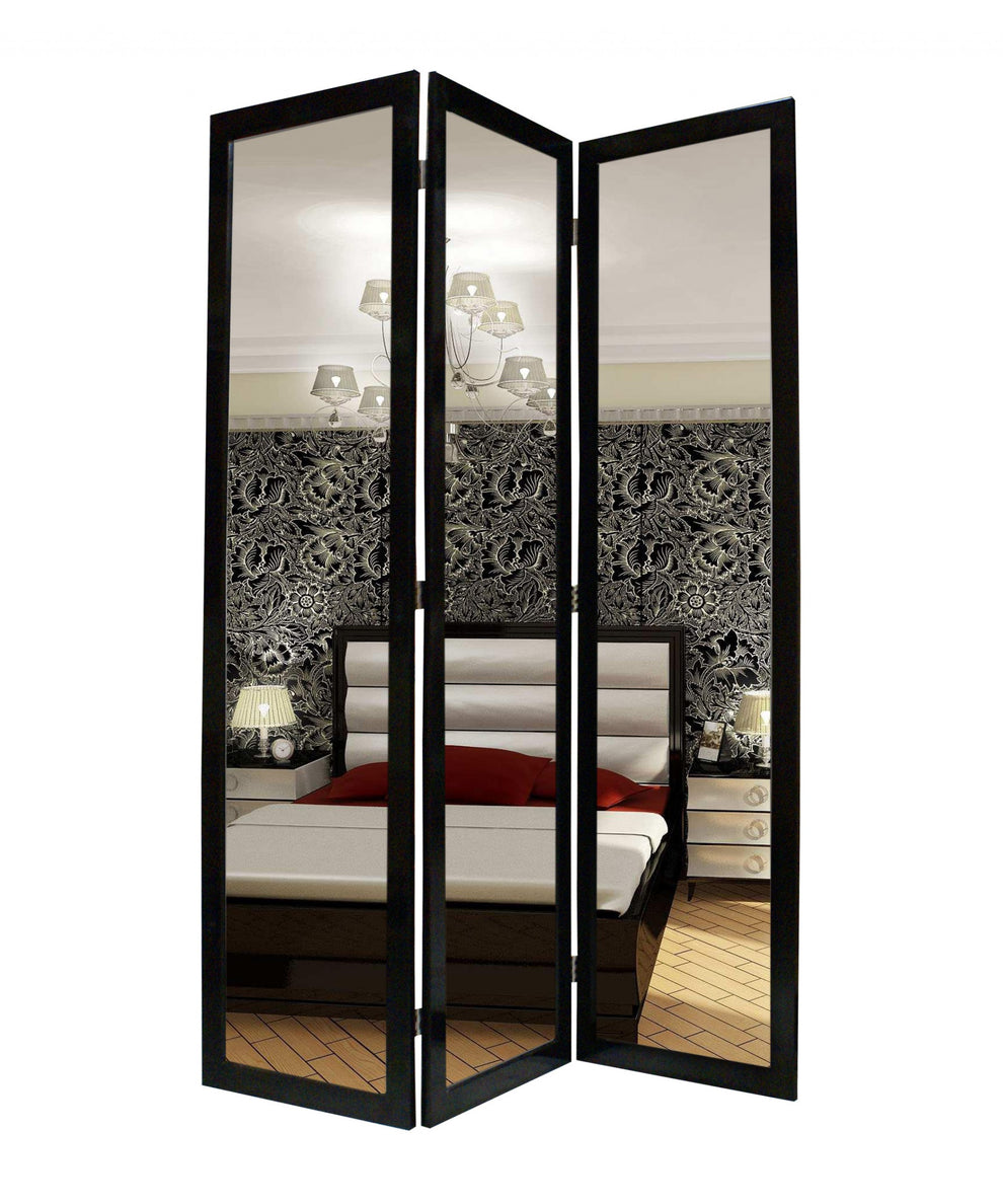 Black Glass & Wood Mirror Screen By Homeroots - 274678 | Room Dividers | Modishstore - 2