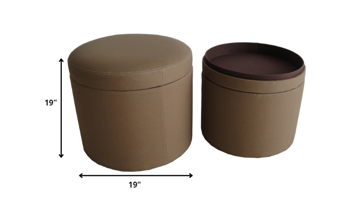 Tan Canvas Round Storage Ottoman By Homeroots | Ottomans | Modishstore - 2