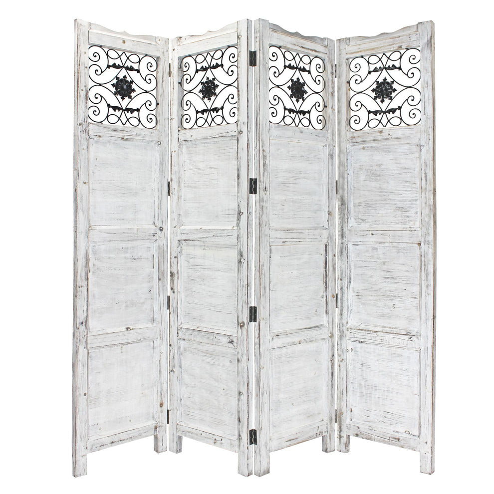 Gray Wash 4 Panel with Scroll Work Room Divider Screen By Homeroots | Room Dividers | Modishstore - 2