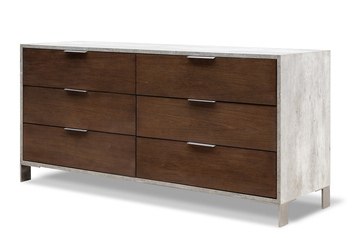 30' Dark Walnut Veneer Steel And Concrete Dresser With 6 Drawers By Homeroots | Dressers | Modishstore