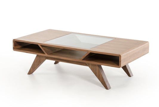 15' Walnut Wood Veneer and Glass Coffee Table By Homeroots | Coffee Tables | Modishstore