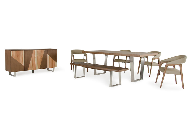 30' Walnut Wood Veneer Leather And Steel Dining Set By Homeroots | Dining Sets | Modishstore