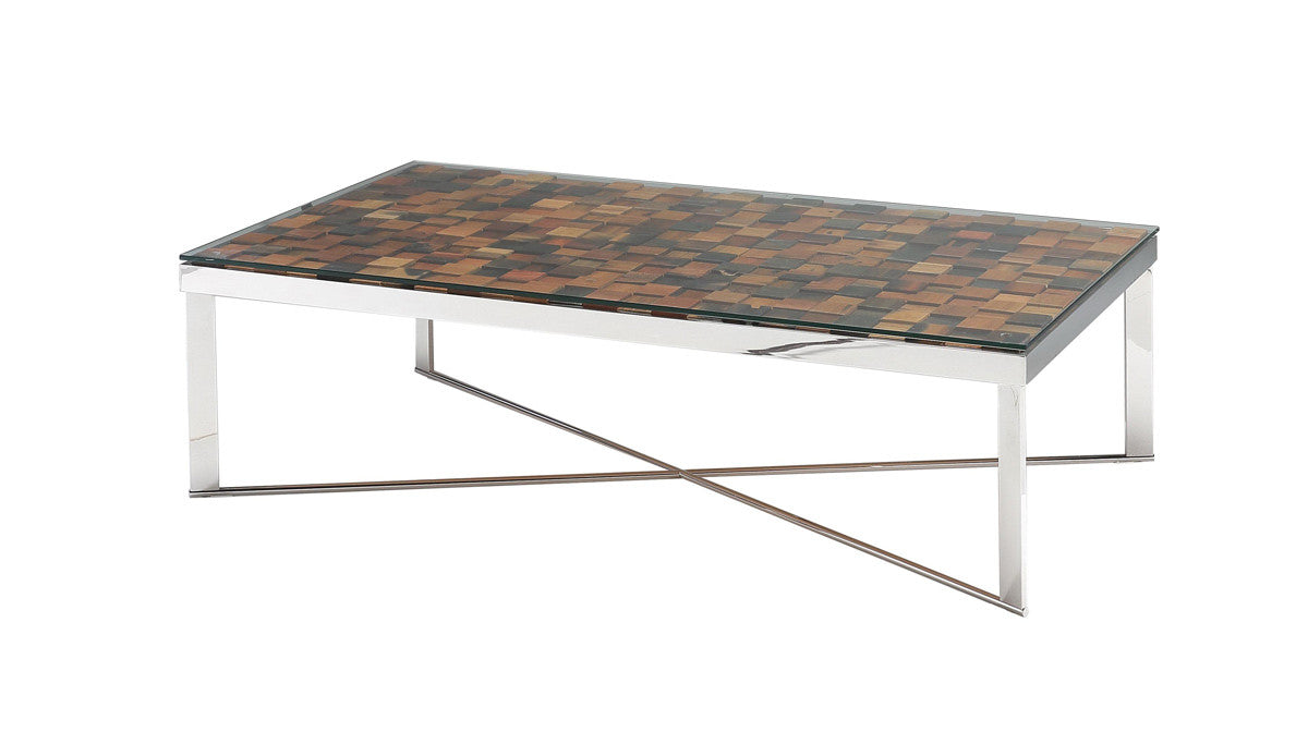 14' Mosaic Wood Steel and Glass Coffee Table By Homeroots | Coffee Tables | Modishstore - 3
