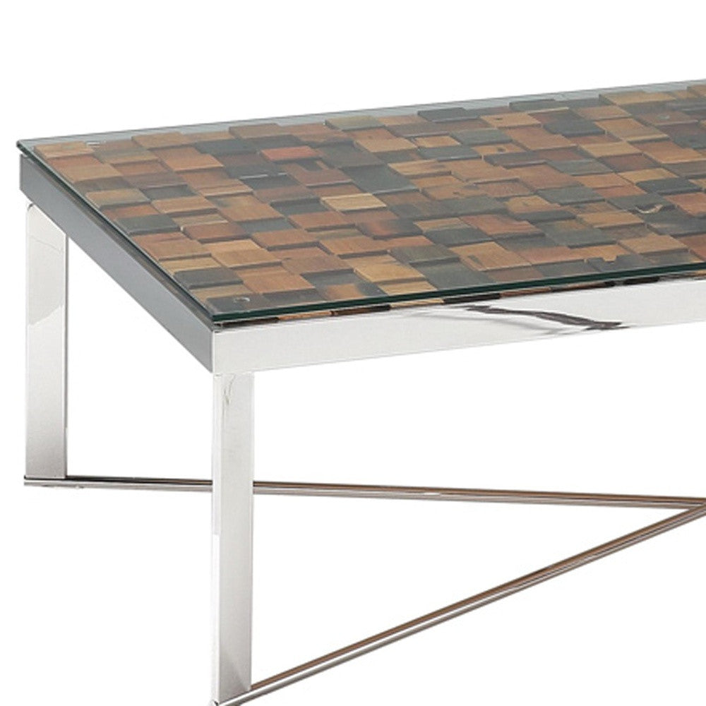 14' Mosaic Wood Steel and Glass Coffee Table By Homeroots | Coffee Tables | Modishstore - 4
