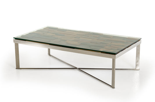 14' Mosaic Wood Glass and Steel Coffee Table By Homeroots | Coffee Tables | Modishstore