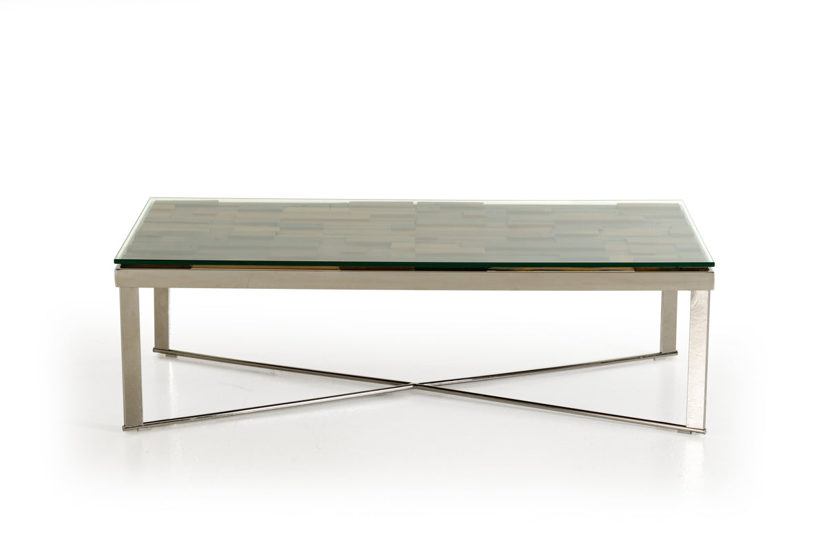 14' Mosaic Wood Glass and Steel Coffee Table By Homeroots | Coffee Tables | Modishstore - 2