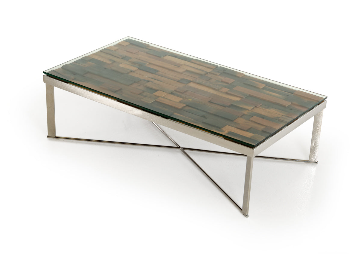 14' Mosaic Wood Glass and Steel Coffee Table By Homeroots | Coffee Tables | Modishstore - 3