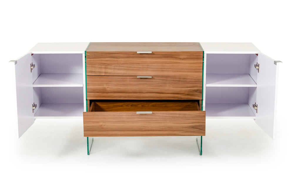 30" White And Walnut Veneer, Mdf, Glass, And Steel Floating Buffet By Homeroots | Sideboards | Modishstore - 3