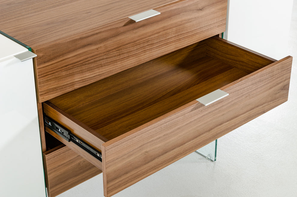 30" White And Walnut Veneer, Mdf, Glass, And Steel Floating Buffet By Homeroots | Sideboards | Modishstore - 4