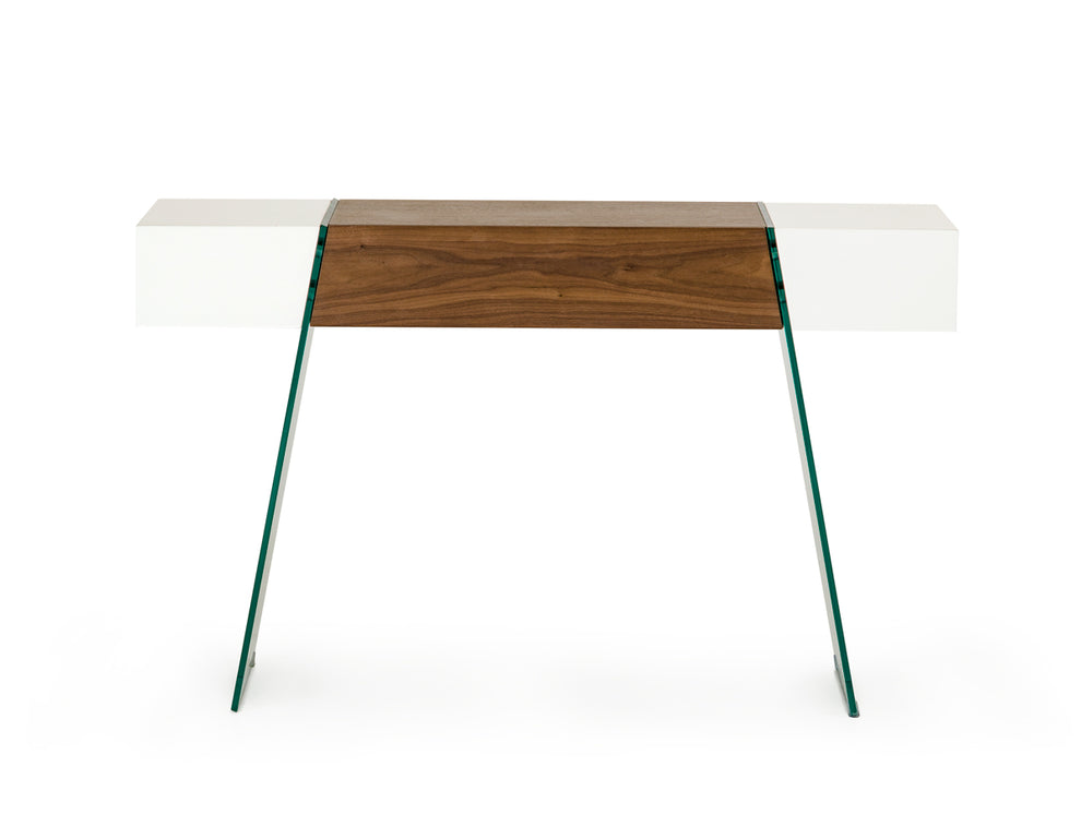 29' White and Walnut Veneer MDF and Glass Floating Console Table By Homeroots | Console Tables | Modishstore - 3