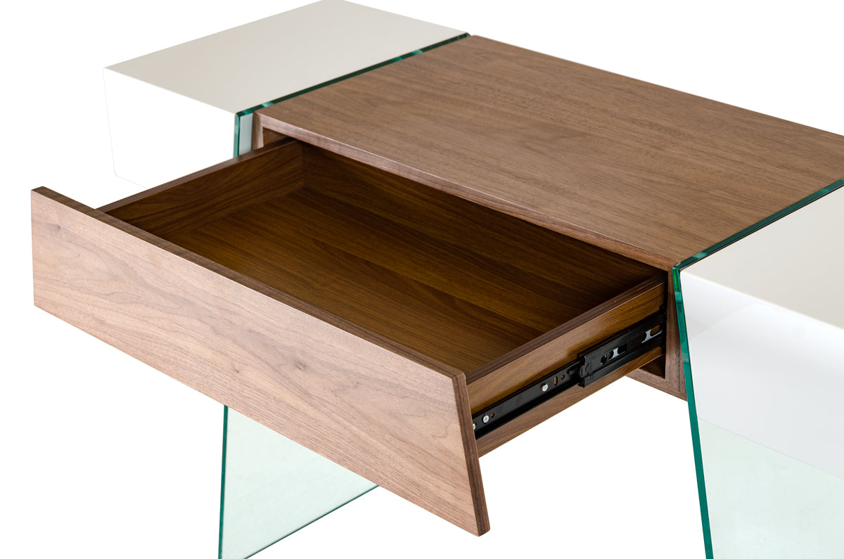 29' White and Walnut Veneer MDF and Glass Floating Console Table By Homeroots | Console Tables | Modishstore - 4