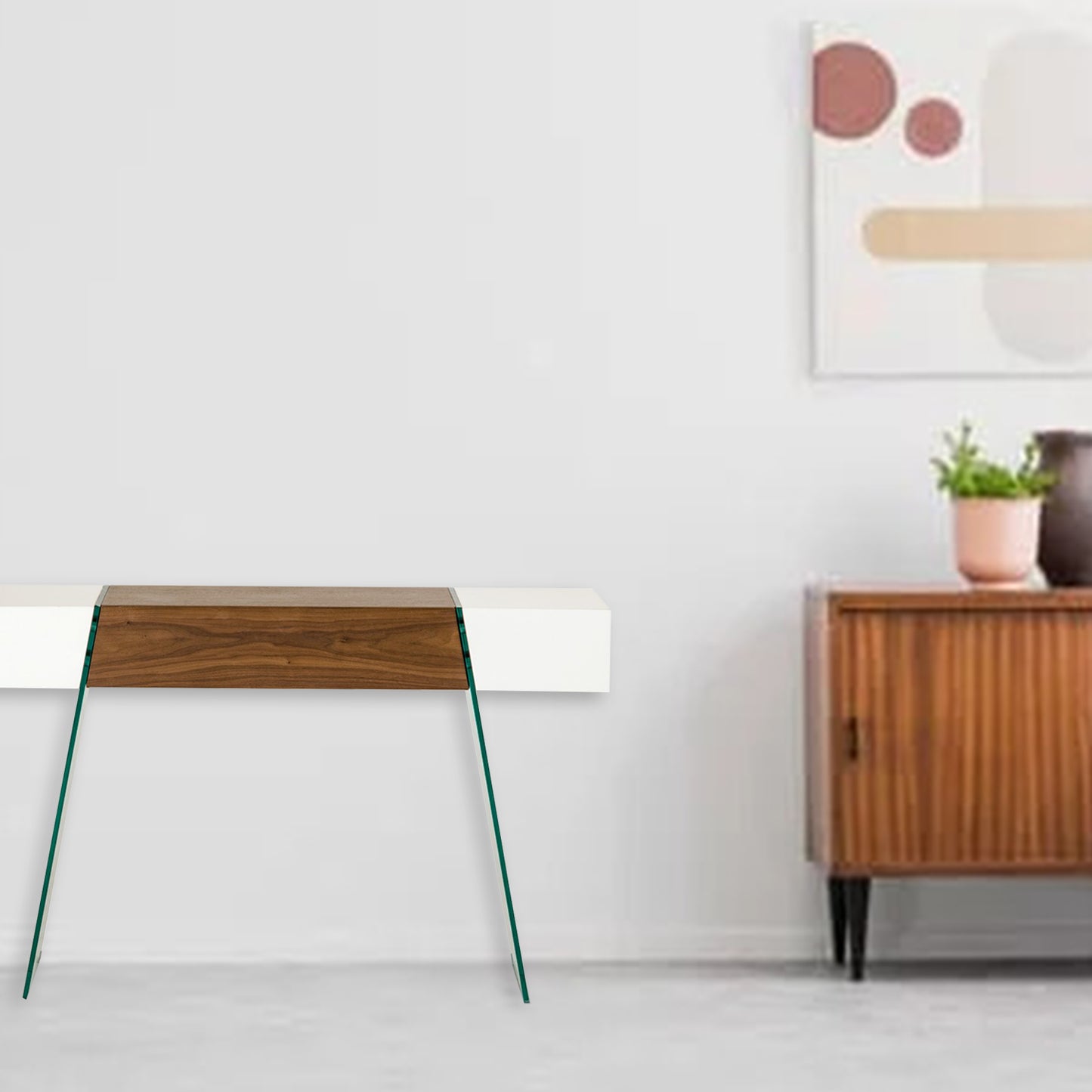 29' White and Walnut Veneer MDF and Glass Floating Console Table By Homeroots | Console Tables | Modishstore