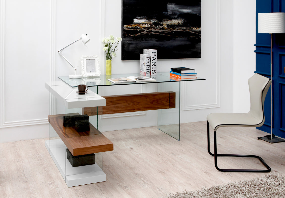 30" White and Walnut Veneer MDF and Glass Desk with Shelves By Homeroots | Desks | Modishstore