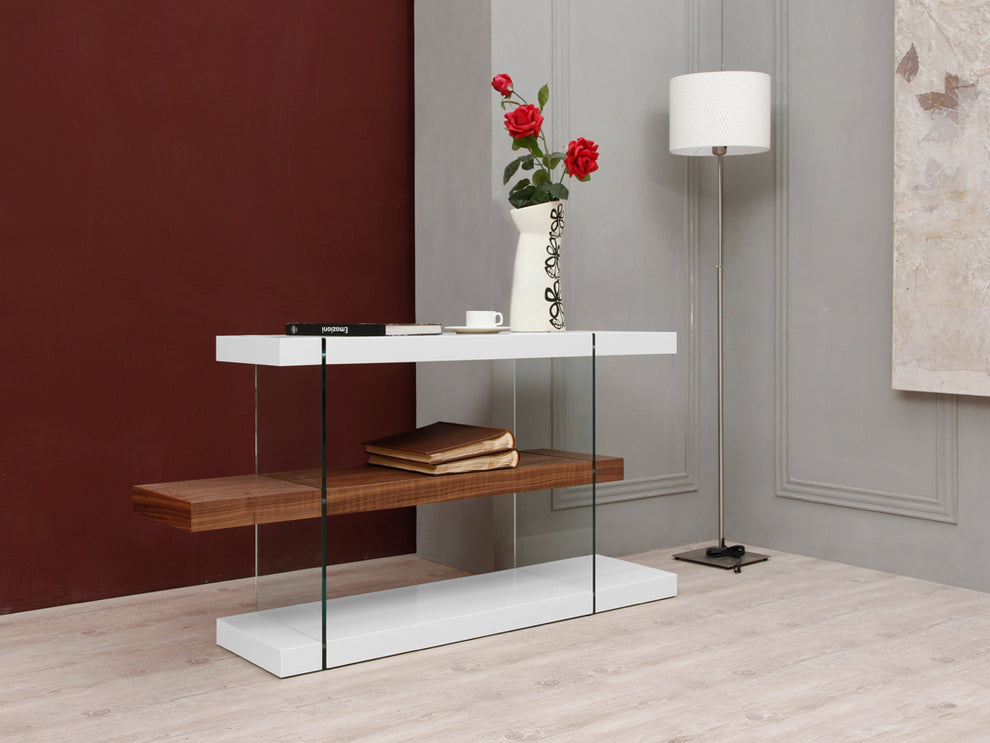 30" White and Walnut Veneer MDF and Glass Desk with Shelves By Homeroots | Desks | Modishstore - 2