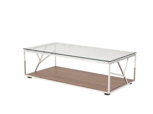 15' Walnut Veneer Glass and Steel Coffee Table By Homeroots | Coffee Tables | Modishstore