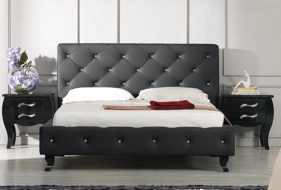 48' Black Leatherette And Mdf Queen Bed With Crystals By Homeroots | Beds | Modishstore - 3