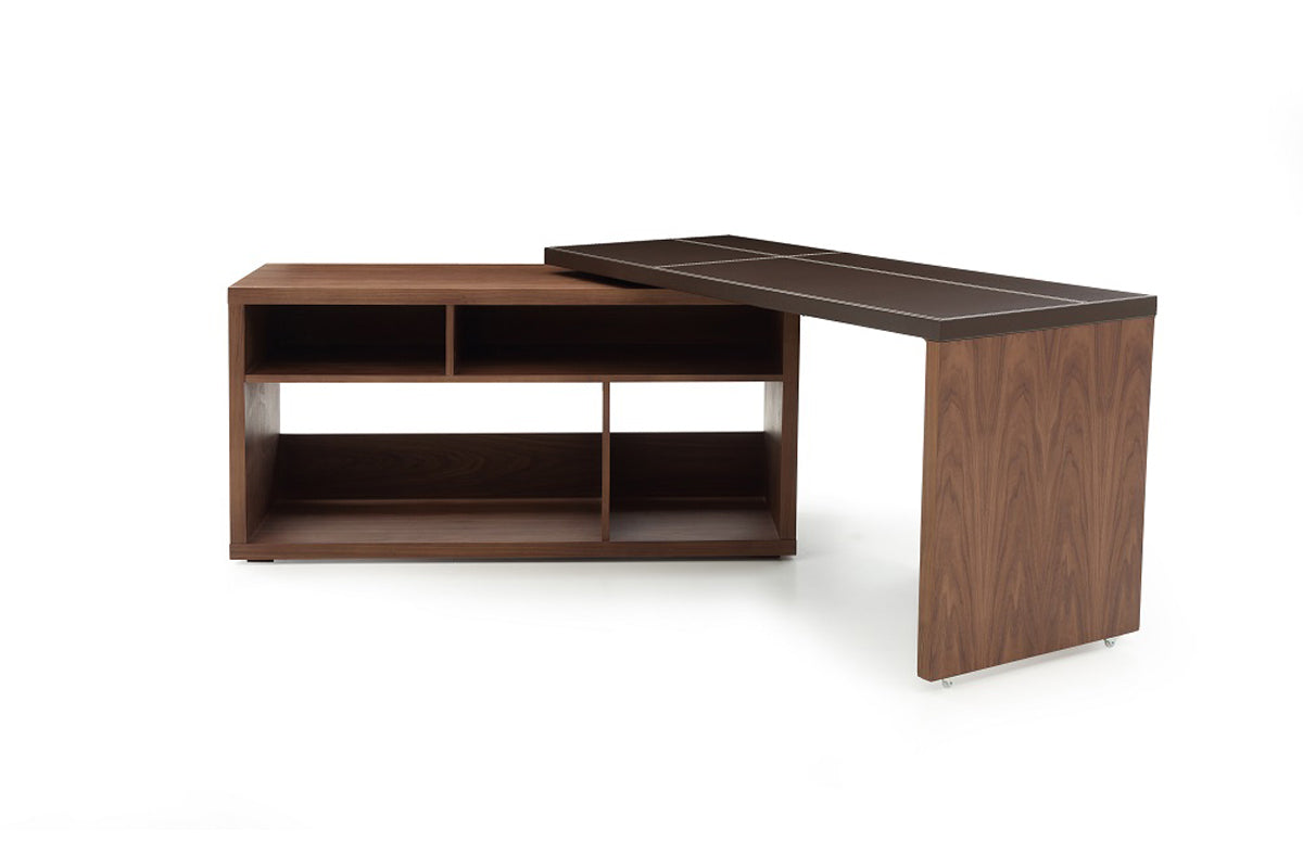 29 Walnut and Brown Veneer L Shaped Desk with a Leather Top By Homeroots | Desks | Modishstore