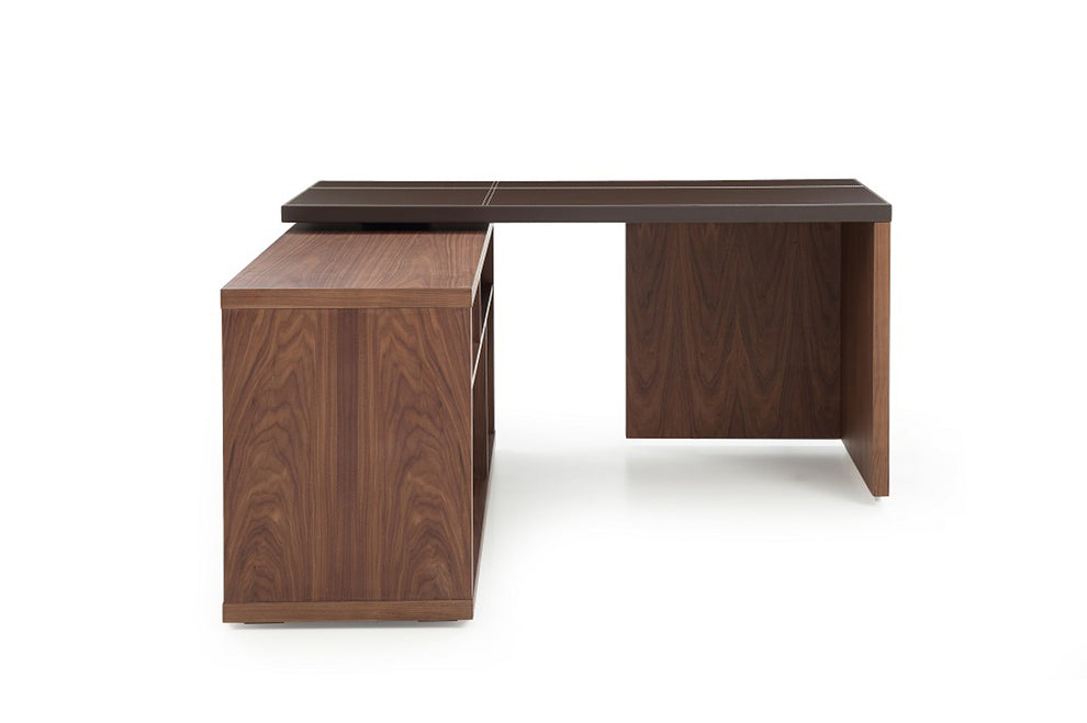 29 Walnut and Brown Veneer L Shaped Desk with a Leather Top By Homeroots | Desks | Modishstore - 2