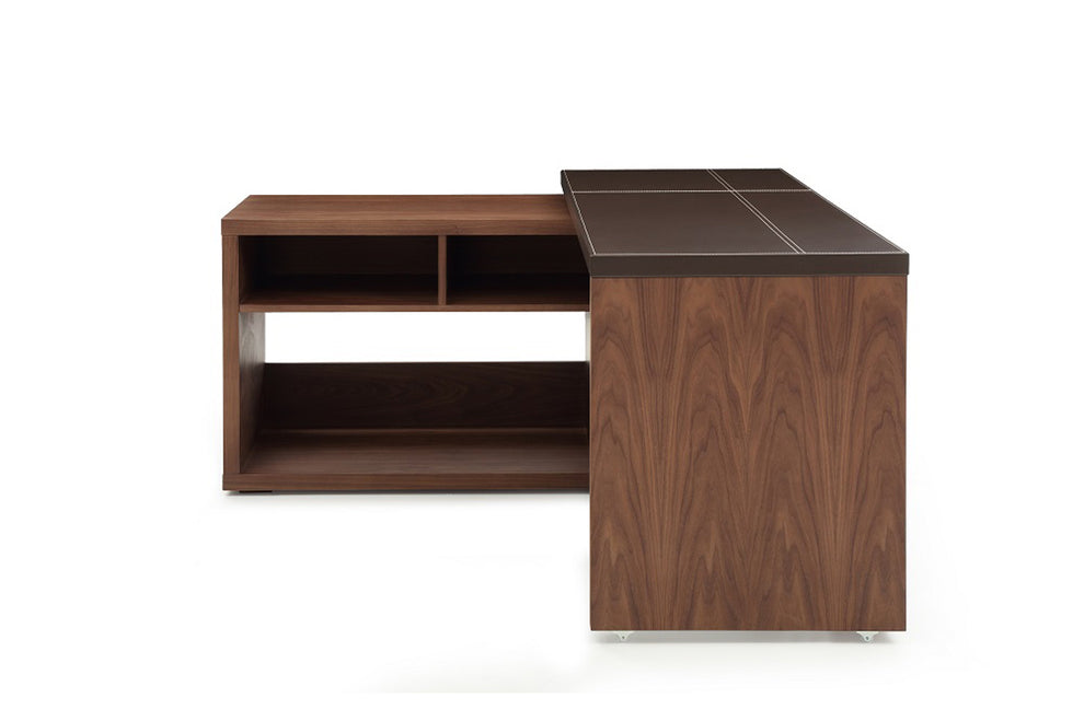 29 Walnut and Brown Veneer L Shaped Desk with a Leather Top By Homeroots | Desks | Modishstore - 3