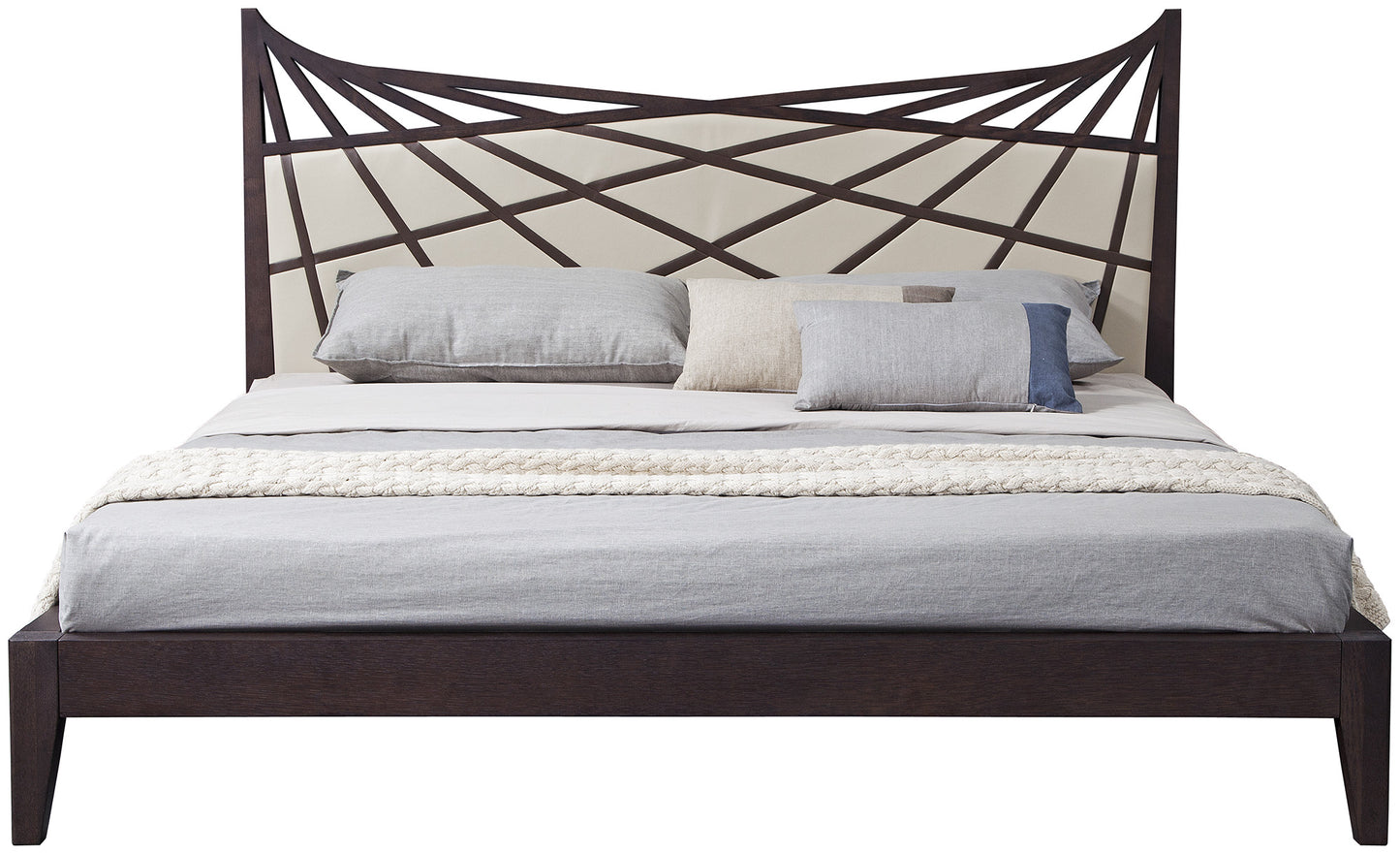 47' Brown Veneer And Beige Bonded Leather Queen Bed By Homeroots | Beds | Modishstore